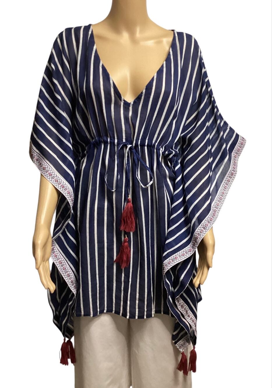 Debbie Katzā Navy White Striped Tassel Kaftan Tunic Swim Cover Up Boho Resort L